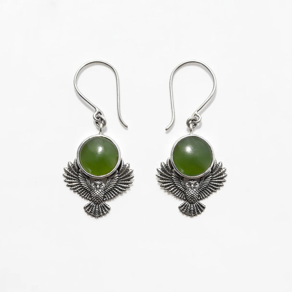 Pounamu Owl Guardian Earrings in Sterling Silver