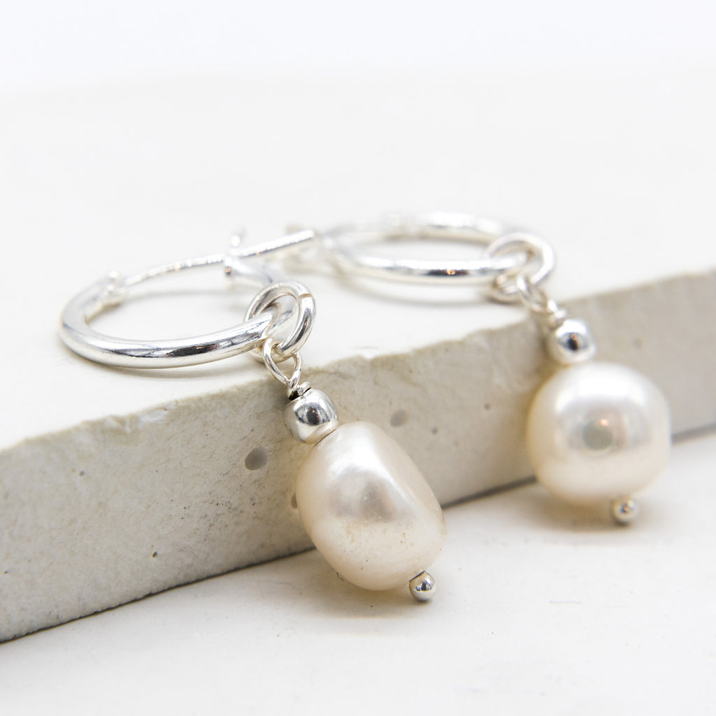 Silver Pearl Hoop Earrings