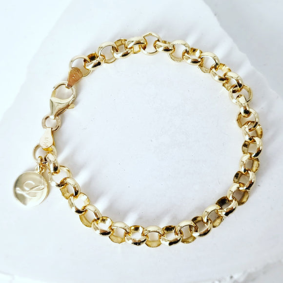 Gold Belcher Bracelet with Initialed Charm