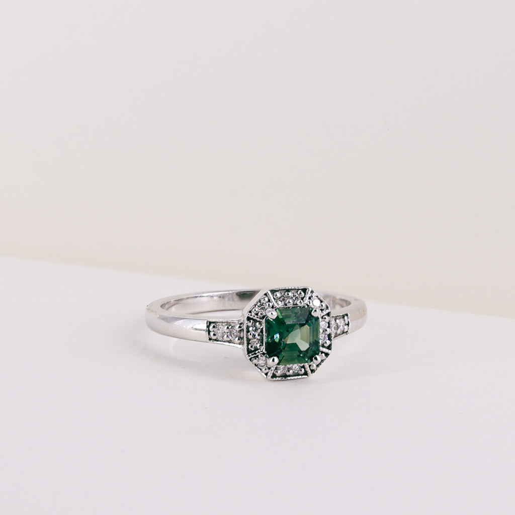 Green Sapphire and Diamond 9ct White Gold Ring