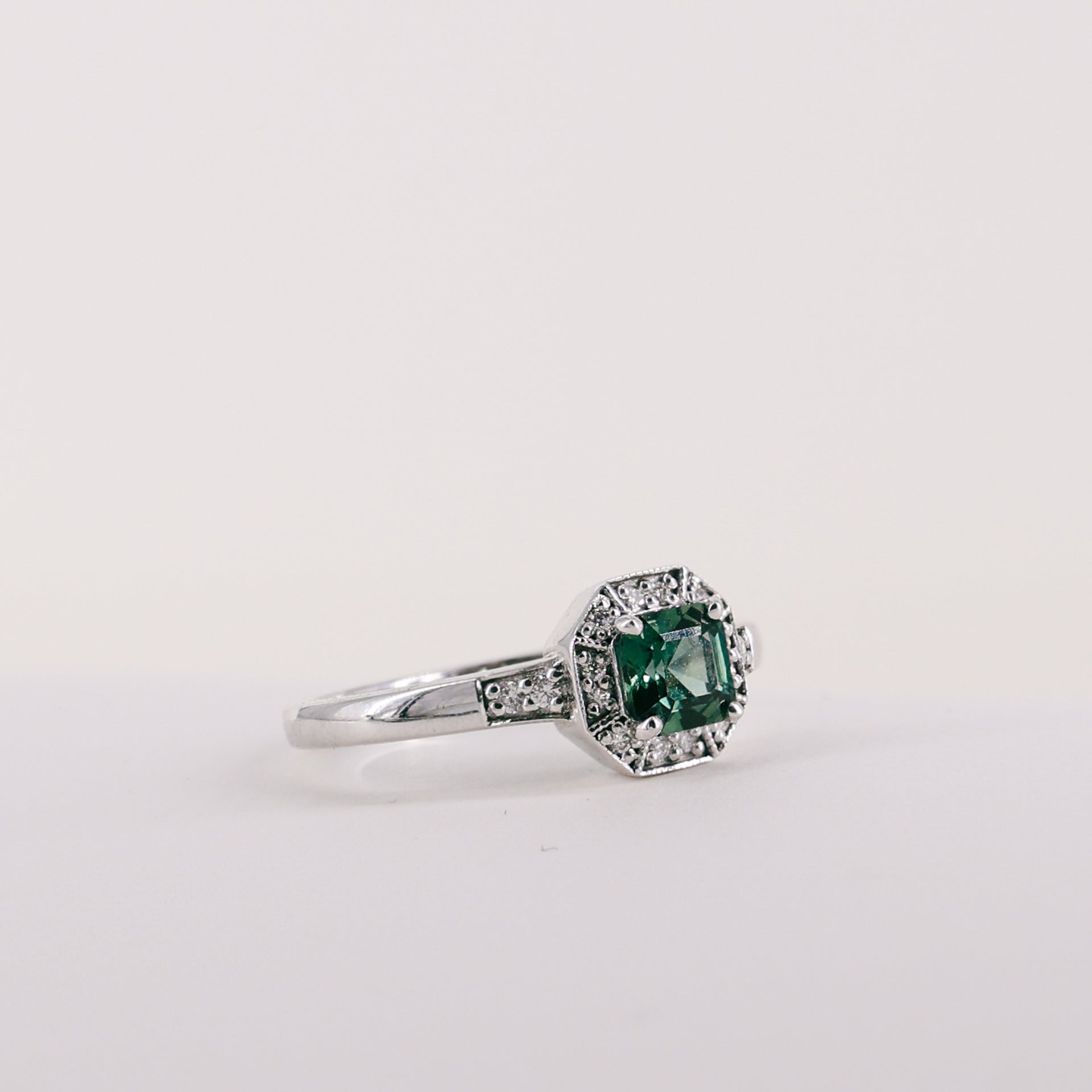 Green Sapphire and Diamond 9ct White Gold Ring