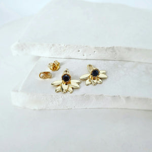 Black Diamond Stud with Layered Leaf Piece in 9ct Yellow Gold