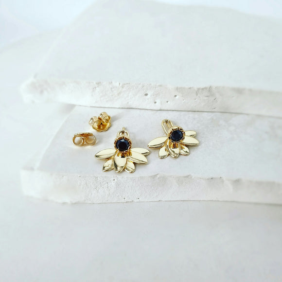 Black Diamond Stud with Layered Leaf Piece in 9ct Yellow Gold